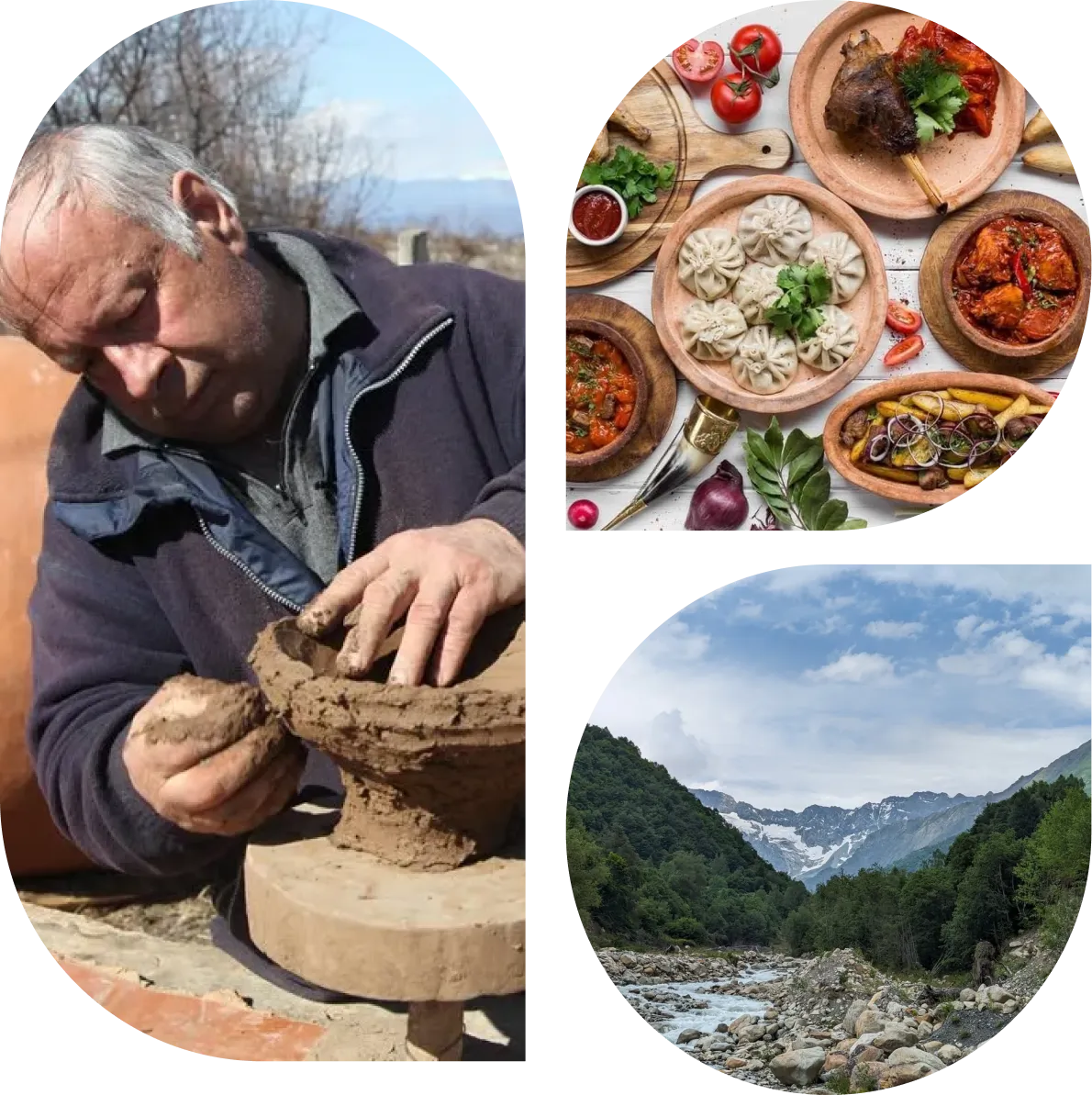 Un artigiano georgiano modella a mano un qvevri di terracotta, una tavola imbandita con khinkali e altri piatti georgiani, e un fiume di montagna fra boschi e vette innevate