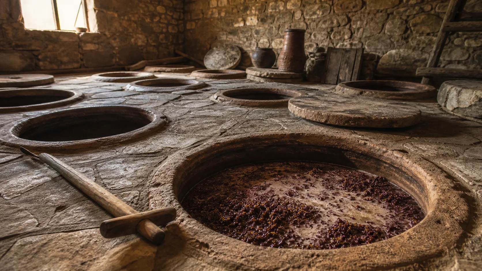 Qvevri buried in the floor of a Georgian marani, with fermenting grape must and skins visible in the open vessel in the foreground